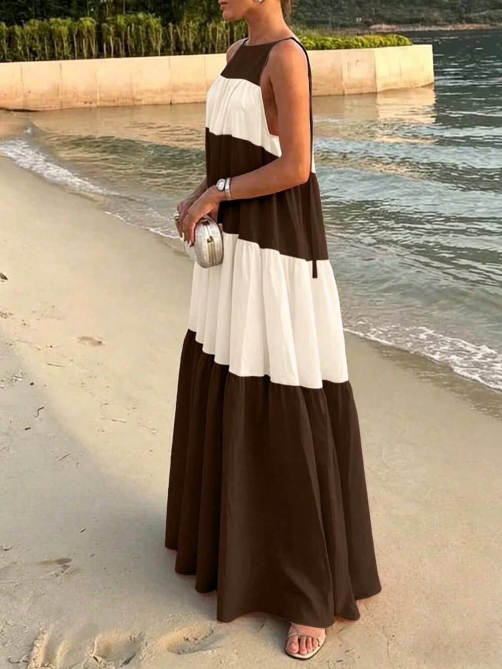Brown stripe Casual Women's Colorblock maxi dress - Picture 2 of 7